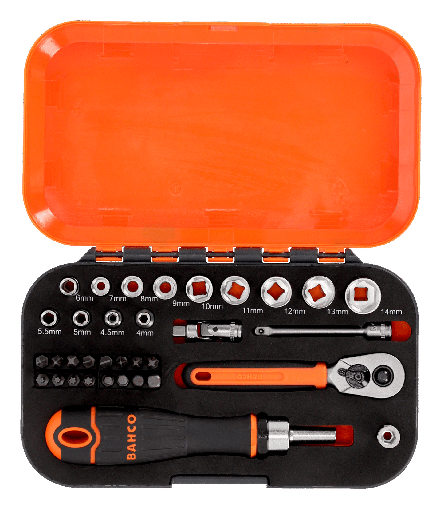 Bahco 1/4" Square Drive Socket and Bit Set with Metric Hex Profile and Ratcheting Bit Holder - 34 Pcs  S34MC8H