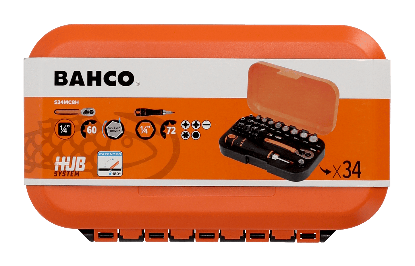 Bahco 1/4" Square Drive Socket and Bit Set with Metric Hex Profile and Ratcheting Bit Holder - 34 Pcs  S34MC8H