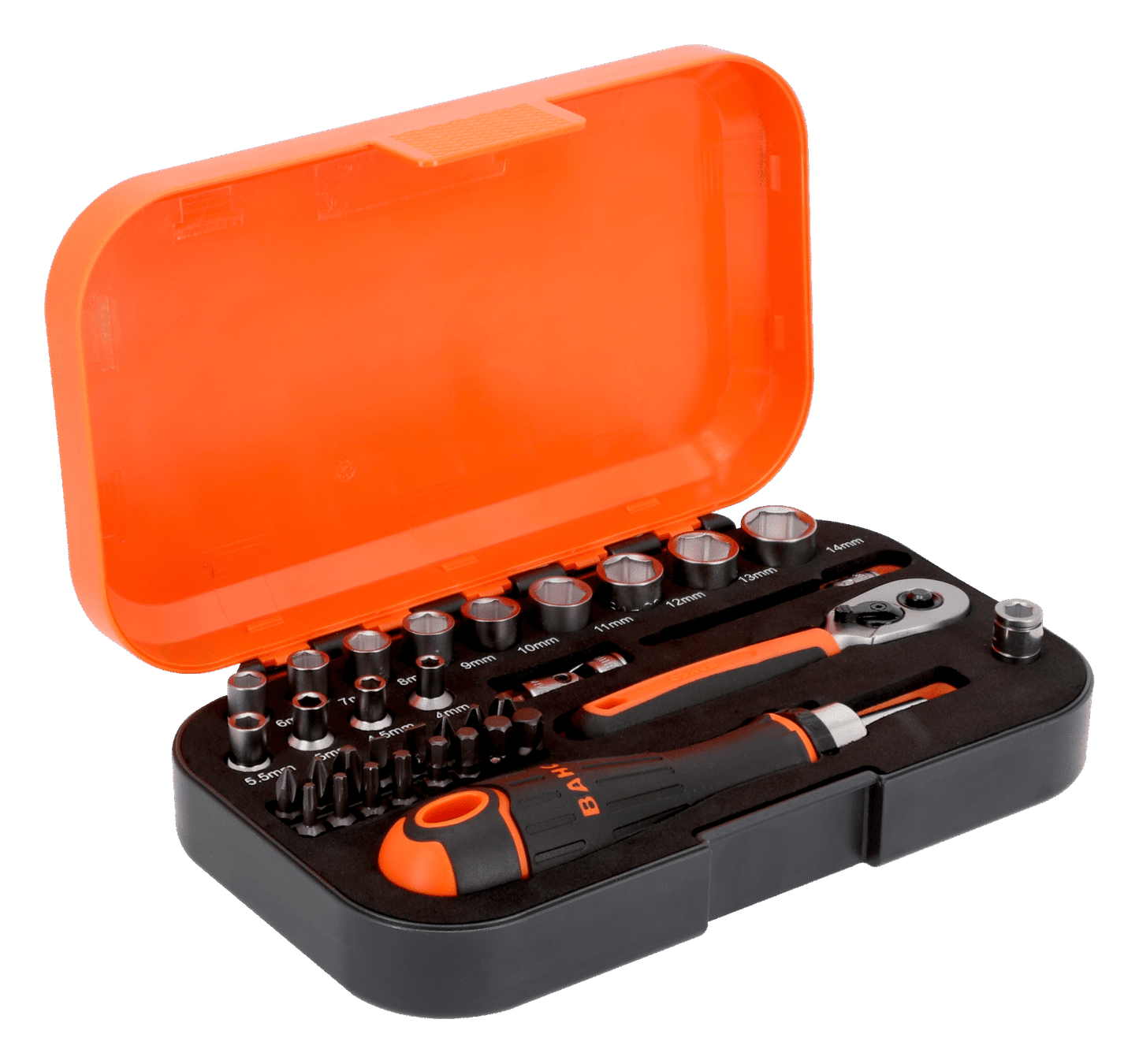 Bahco 1/4" Square Drive Socket and Bit Set with Metric Hex Profile and Ratcheting Bit Holder - 34 Pcs  S34MC8H