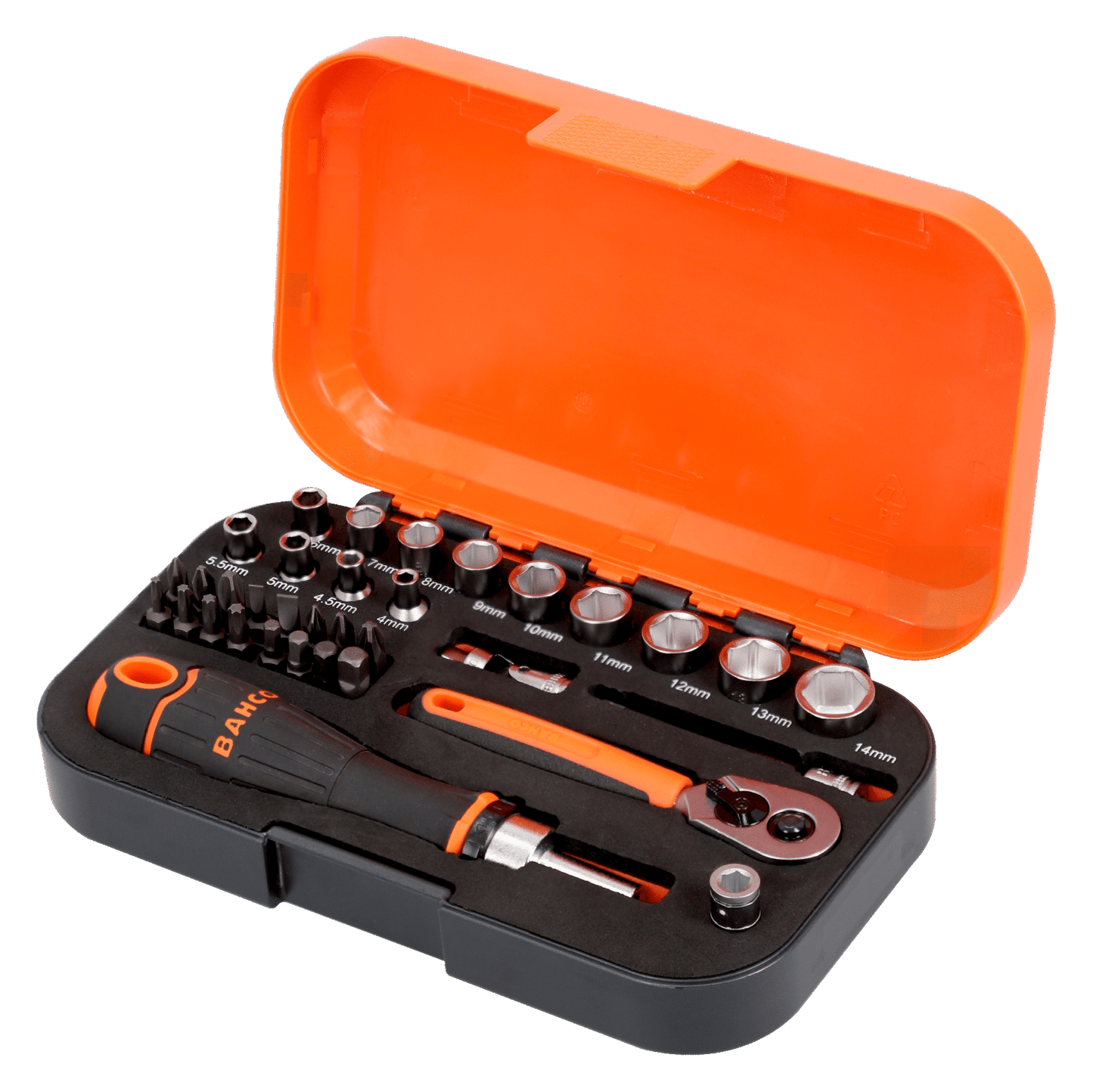 Bahco 1/4" Square Drive Socket and Bit Set with Metric Hex Profile and Ratcheting Bit Holder - 34 Pcs  S34MC8H