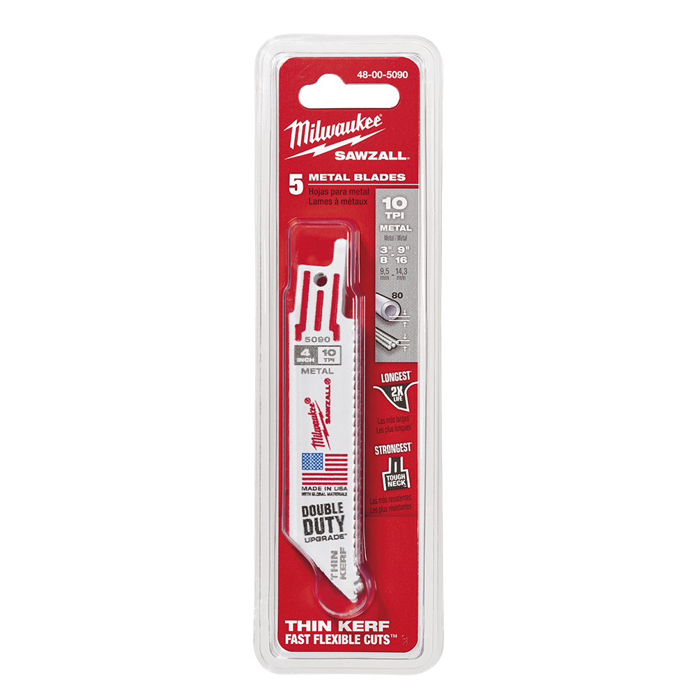 Milwaukee SAWZALL™ Thin Kerf Metal 100mm 3-15/16" 10TPI Blade 5 Pack - 48005090 - Available at Power Tool Specialists, Carlton, Victoria, Australia.