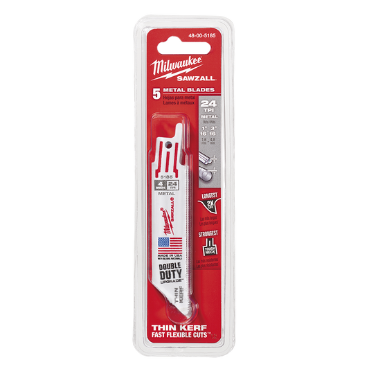 Milwaukee SAWZALL™ Thin Kerf Metal 100mm 3-15/16" 24TPI Blade 5 Pack - 48005185 - Available at Power Tool Specialists, Carlton, Victoria, Australia.