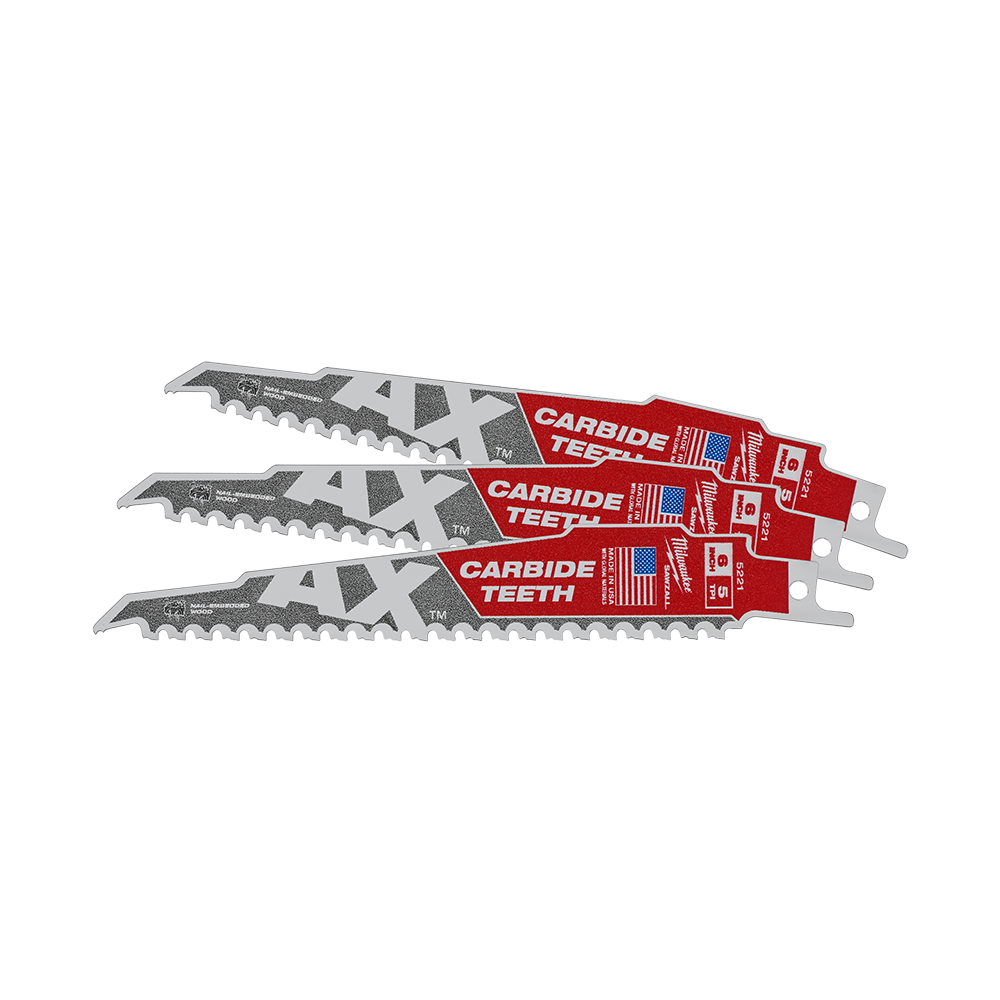 Milwaukee SAWZALL™ The AX™ with Carbide Teeth 150mm 6" 5TPI Blade 3 Pack - 48005321 - Available at Power Tool Specialists, Carlton, Victoria, Australia.