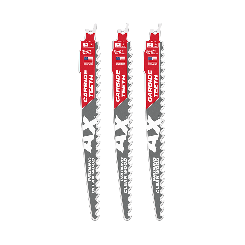 Milwaukee SAWZALL™ The AX™ with Carbide Teeth Pruning 225mm 9" 3TPI Blade 3 Pack - 48005332 - Available at Power Tool Specialists, Carlton, Victoria, Australia.