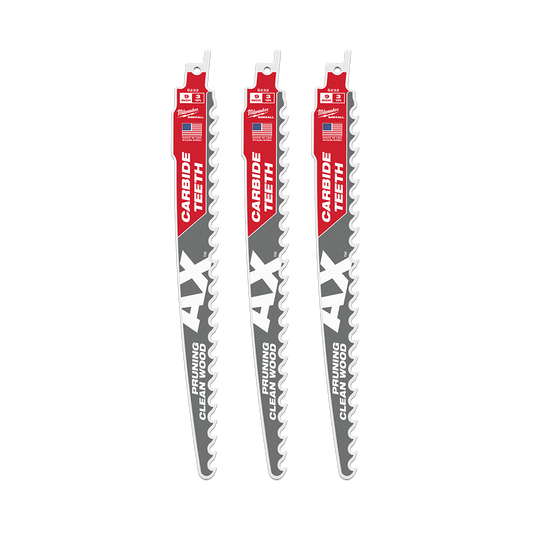 Milwaukee SAWZALL™ The AX™ with Carbide Teeth Pruning 225mm 9" 3TPI Blade 3 Pack - 48005332 - Available at Power Tool Specialists, Carlton, Victoria, Australia.
