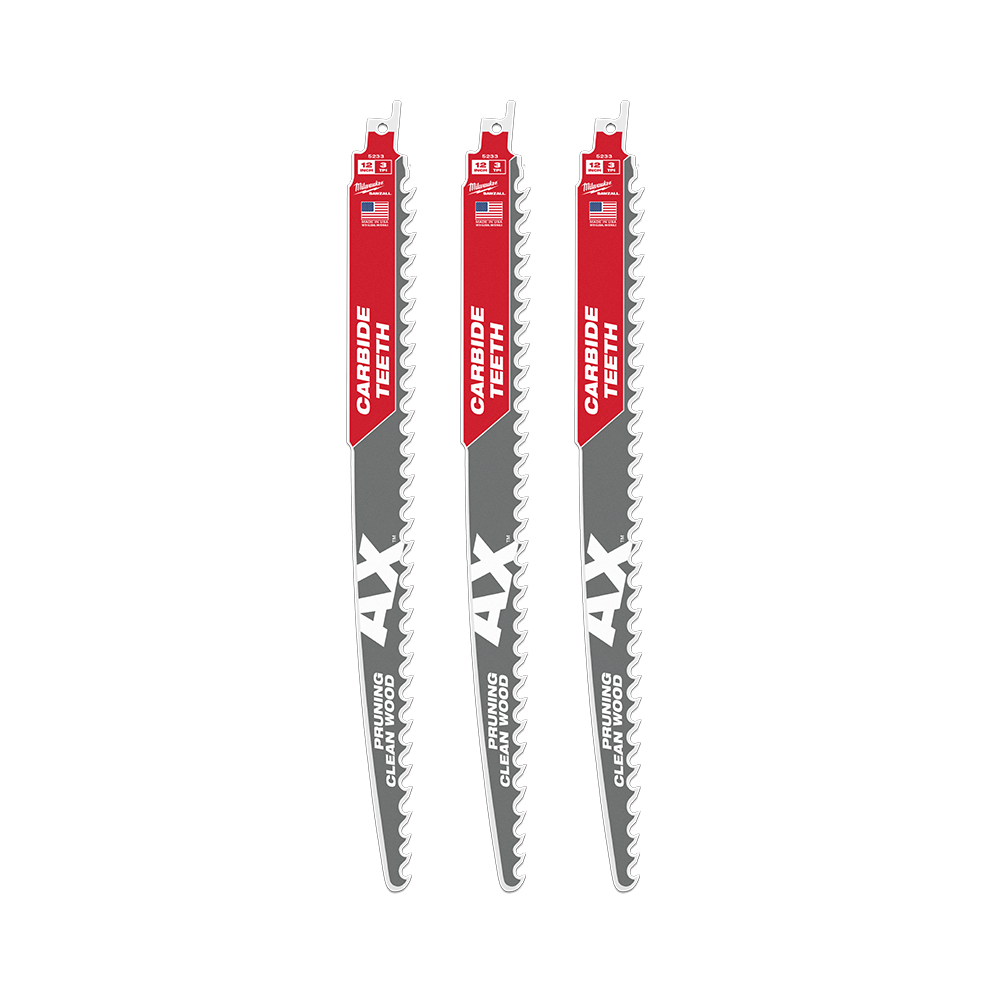 Milwaukee SAWZALL™ The AX™ with Carbide Teeth Pruning 305mm 12" 3TPI Blade 3 Pack - 48005333 - Available at Power Tool Specialists, Carlton, Victoria, Australia.