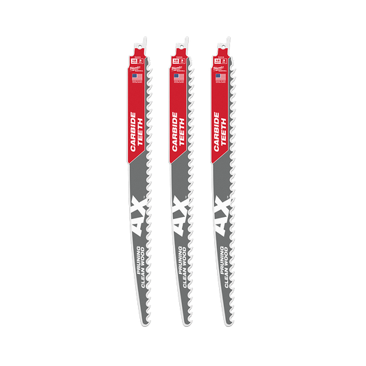 Milwaukee SAWZALL™ The AX™ with Carbide Teeth Pruning 305mm 12" 3TPI Blade 3 Pack - 48005333 - Available at Power Tool Specialists, Carlton, Victoria, Australia.
