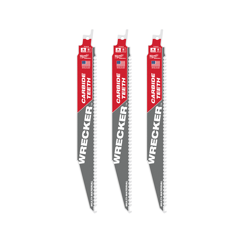 Milwaukee SAWZALL™ The WRECKER™ with Carbide Teeth Demolition 230mm 9" 6TPI Blade 3 Pack - 48005342 - Available at Power Tool Specialists, Carlton, Victoria, Australia.