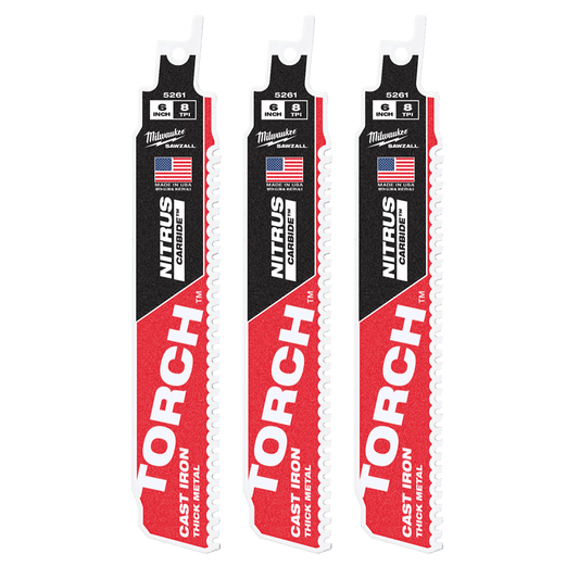 Milwaukee SAWZALL™ The TORCH™ with NITRUS CARBIDE™™ Teeth 150mm 6" 8TPI Blade 3 Pack - 48005361 - Available at Power Tool Specialists, Carlton, Victoria, Australia.