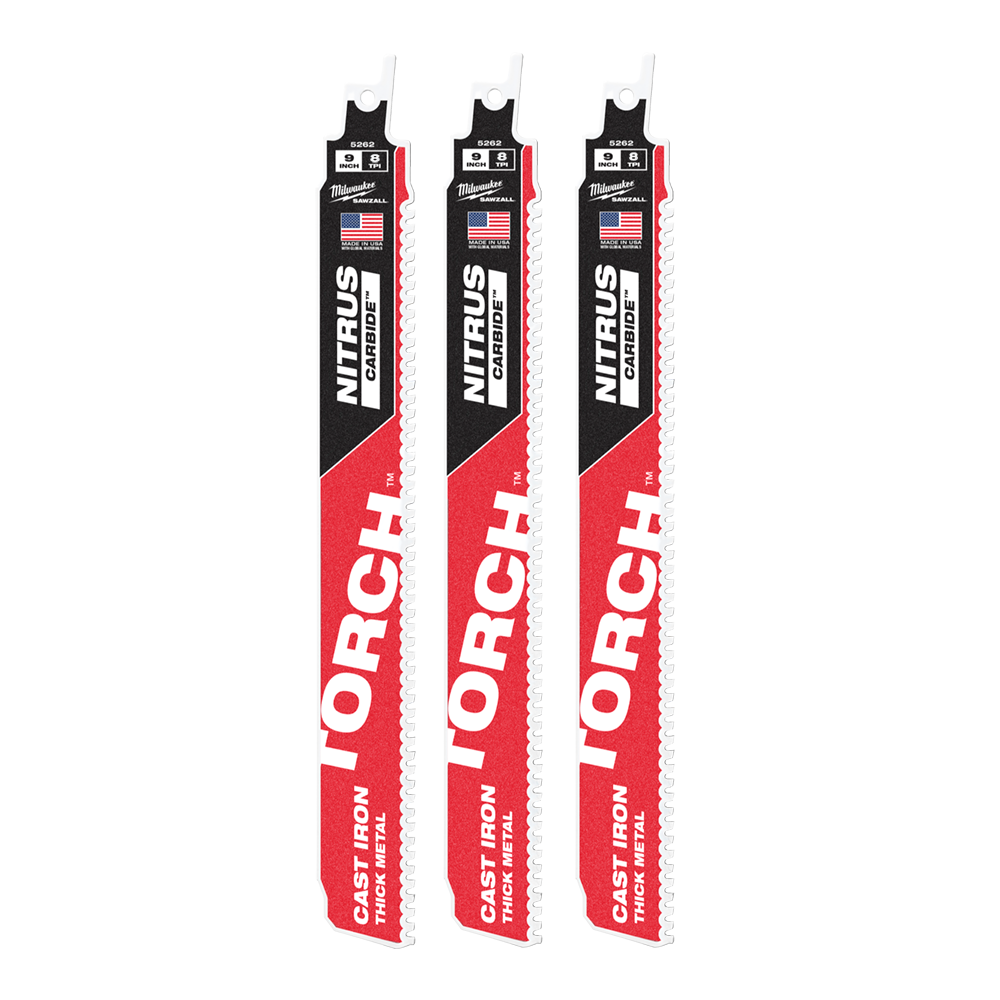 Milwaukee SAWZALL™ The TORCH™ with NITRUS CARBIDE™™ Teeth 230mm 9" 8TPI Blade 3 Pack - 48005362 - Available at Power Tool Specialists, Carlton, Victoria, Australia.
