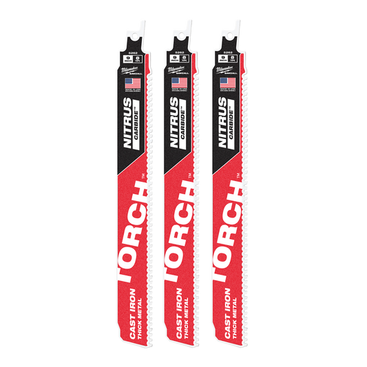 Milwaukee SAWZALL™ The TORCH™ with NITRUS CARBIDE™™ Teeth 230mm 9" 8TPI Blade 3 Pack - 48005362 - Available at Power Tool Specialists, Carlton, Victoria, Australia.