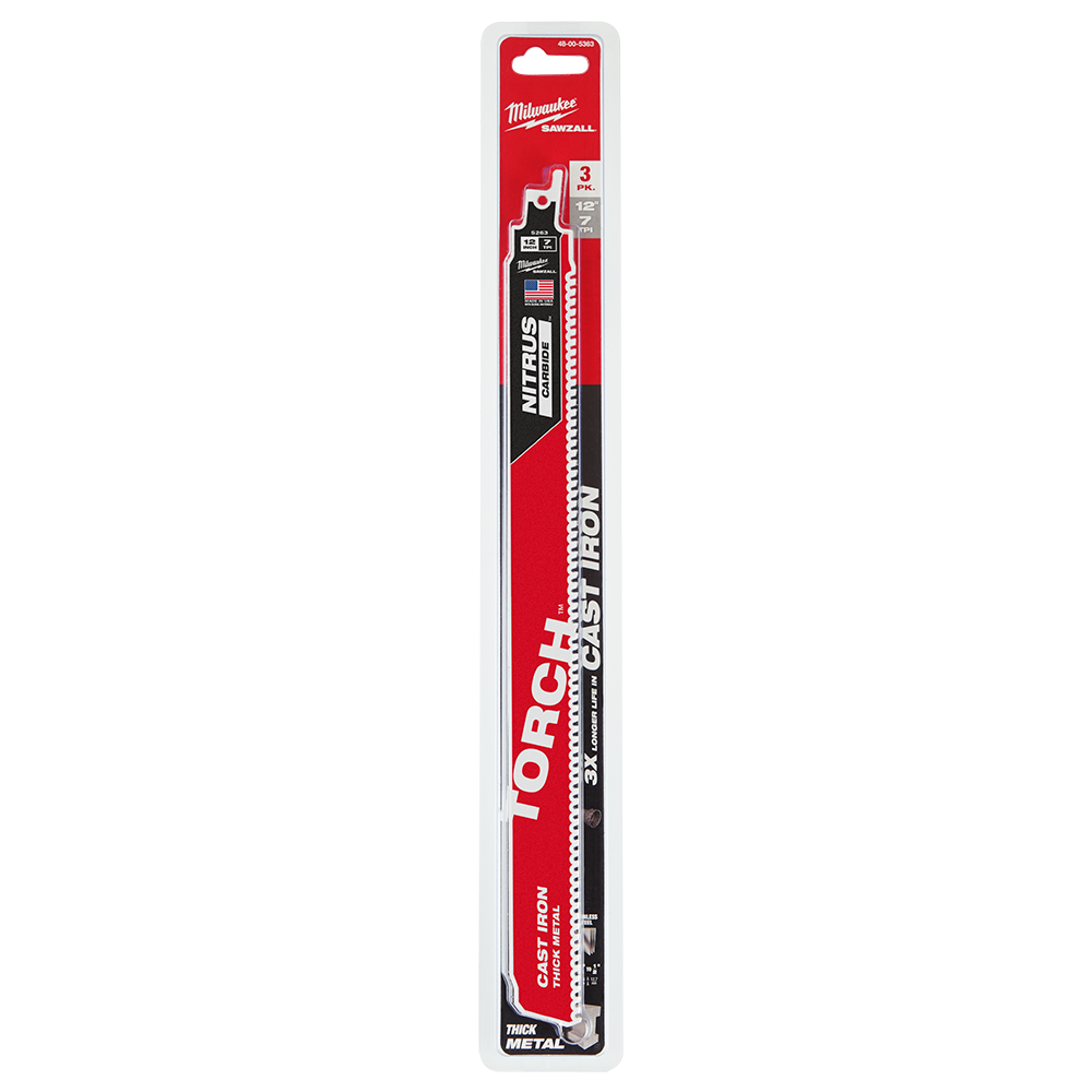 Milwaukee SAWZALL™ The TORCH™ with NITRUS CARBIDE™™ Teeth 300mm 12" 8TPI Blade 3 Pack - 48005363 - Available at Power Tool Specialists, Carlton, Victoria, Australia.