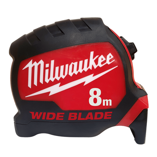Milwaukee WIDE BLADE™ Tape Measure 8m - 48220208 - Available at Power Tool Specialists, Carlton, Victoria, Australia.
