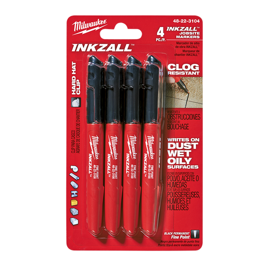 Milwaukee INKZALL™ Fine Point Marker Black 4pk - 48223104 - Available at Power Tool Specialists, Carlton, Victoria, Australia.
