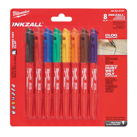 Milwaukee INKZALL™ Fine Point Markers Multi 8pk - 48223107 - Available at Power Tool Specialists, Carlton, Victoria, Australia.