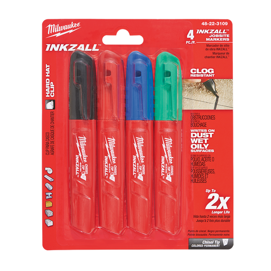 Milwaukee INKZALL™ Chisel Tip Markers Multi 4pk - 48223109 - Available at Power Tool Specialists, Carlton, Victoria, Australia.