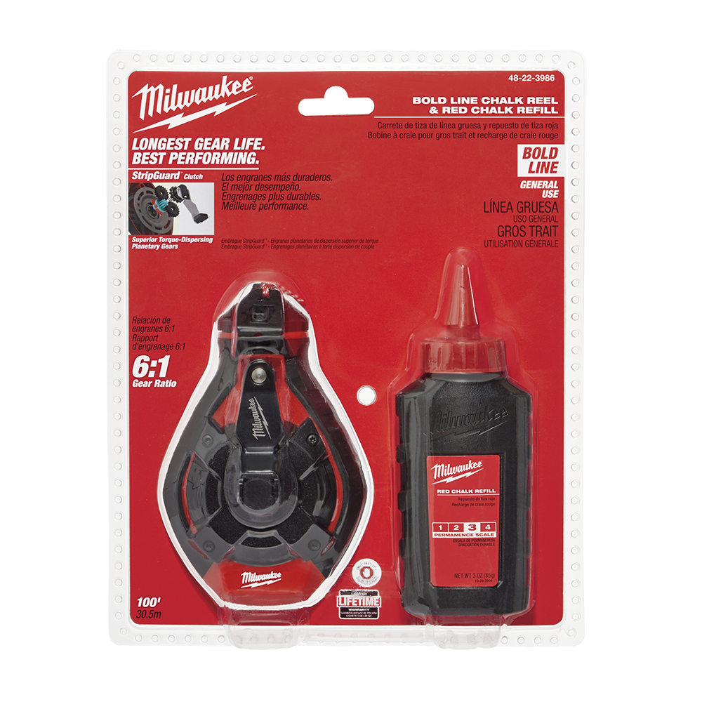Milwaukee Bold Line Chalk Reel w Red Chalk  - 48223986 - Available at Power Tool Specialists, Carlton, Victoria, Australia.
