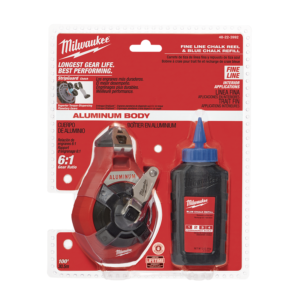 Milwaukee Fine Line Chalk Reel w Blue Chalk  - 48223992 - Available at Power Tool Specialists, Carlton, Victoria, Australia.