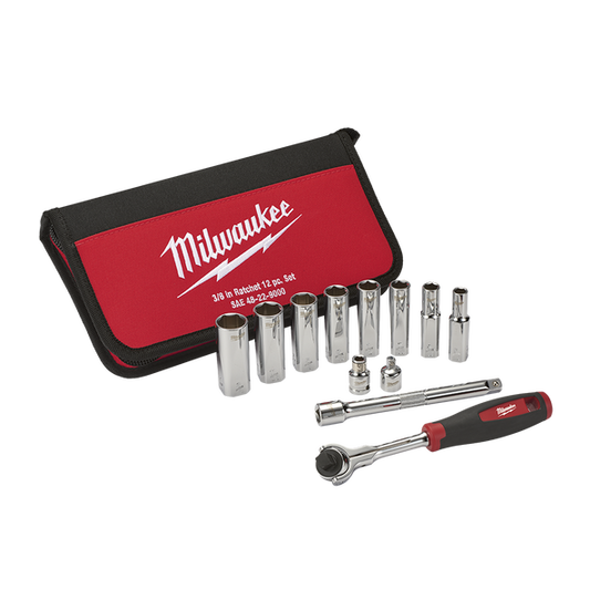 Milwaukee 3/8" Drive 12pc SAE Socket Set - 48229000 - Available at Power Tool Specialists, Carlton, Victoria, Australia.