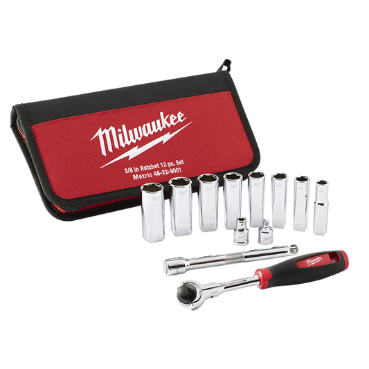Milwaukee 3/8" Drive 12pc Metric Socket Set - 48229001 - Available at Power Tool Specialists, Carlton, Victoria, Australia.