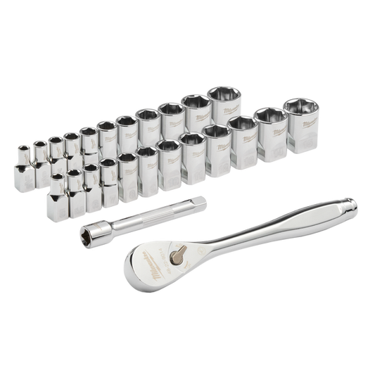 Milwaukee 1/4" Drive 25pc Ratchet & Socket Set SAE & Metric  - 48229044 - Available at Power Tool Specialists, Carlton, Victoria, Australia.