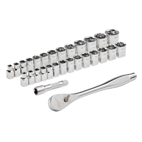 Milwaukee 3/8" Drive 29pc Ratchet & Socket Set SAE & Metric  - 48229088 - Available at Power Tool Specialists, Carlton, Victoria, Australia.