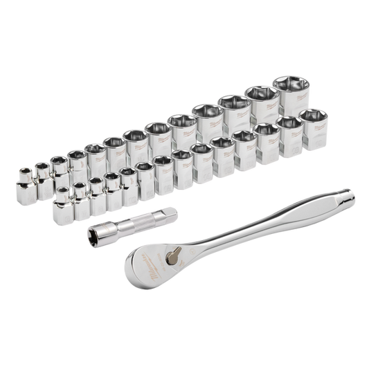Milwaukee 3/8" Drive 29pc Ratchet & Socket Set SAE & Metric  - 48229088 - Available at Power Tool Specialists, Carlton, Victoria, Australia.
