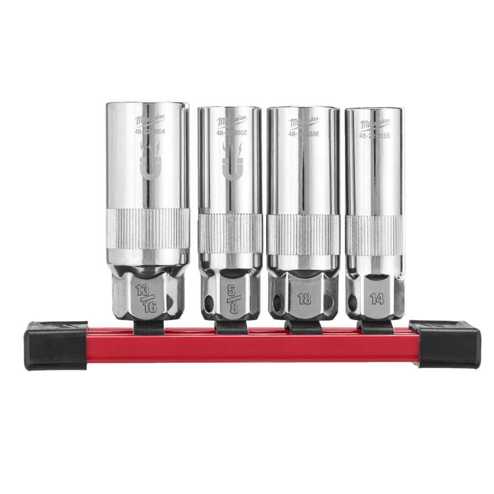 Milwaukee 4pc 3/8'' Drive Spark Plug Socket Set on Rail  - 48229195 - Available at Power Tool Specialists, Carlton, Victoria, Australia.