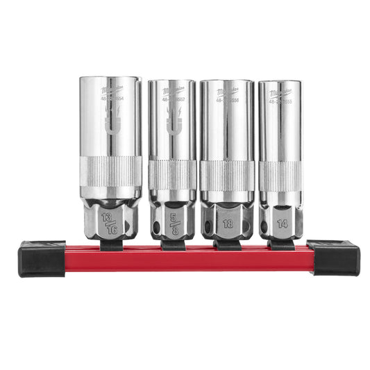 Milwaukee 4pc 3/8'' Drive Spark Plug Socket Set on Rail  - 48229195 - Available at Power Tool Specialists, Carlton, Victoria, Australia.