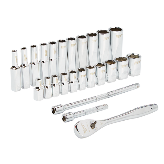 Milwaukee 1/4” Drive 26pc Ratchet & Socket Set SAE  - 48229404 - Available at Power Tool Specialists, Carlton, Victoria, Australia.