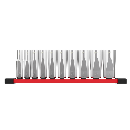 Milwaukee 3/8" Drive 10pc SAE Deep Socket Set with Storage Rail - 48229405 - Available at Power Tool Specialists, Carlton, Victoria, Australia.