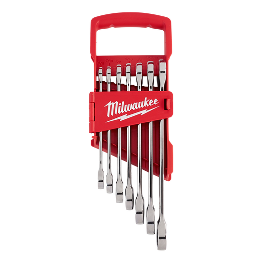 Milwaukee 7pc Ratcheting Combination Wrench Set – SAE - 48229406 - Available at Power Tool Specialists, Carlton, Victoria, Australia.