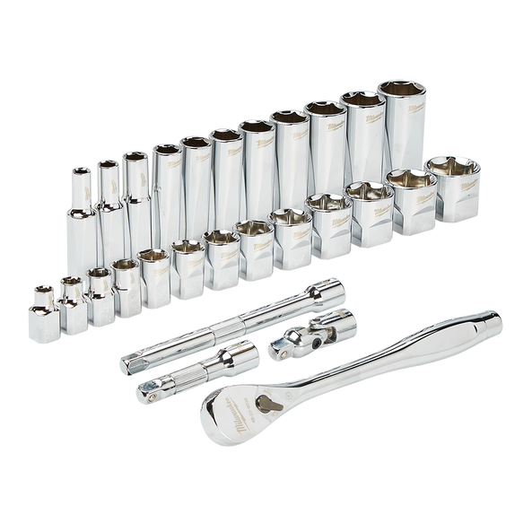 Milwaukee 3/8” Drive 28pc Ratchet & Socket Set  SAE  - 48229408 - Available at Power Tool Specialists, Carlton, Victoria, Australia.