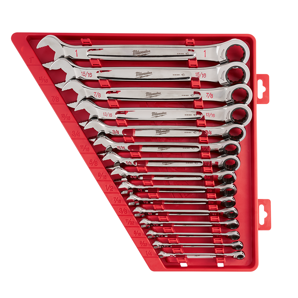 Milwaukee 15pc Ratcheting Combination Wrench Set – SAE - 48229416 - Available at Power Tool Specialists, Carlton, Victoria, Australia.