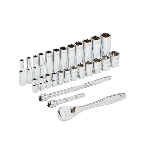 Milwaukee 1/4” Drive 28pc Ratchet & Socket Set  Metric  - 48229504 - Available at Power Tool Specialists, Carlton, Victoria, Australia.