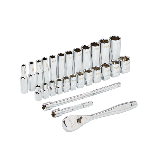 Milwaukee 1/4” Drive 28pc Ratchet & Socket Set  Metric  - 48229504 - Available at Power Tool Specialists, Carlton, Victoria, Australia.