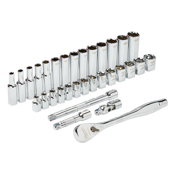 Milwaukee 3/8” Drive 32pc Ratchet & Socket Set  Metric  - 48229508 - Available at Power Tool Specialists, Carlton, Victoria, Australia.