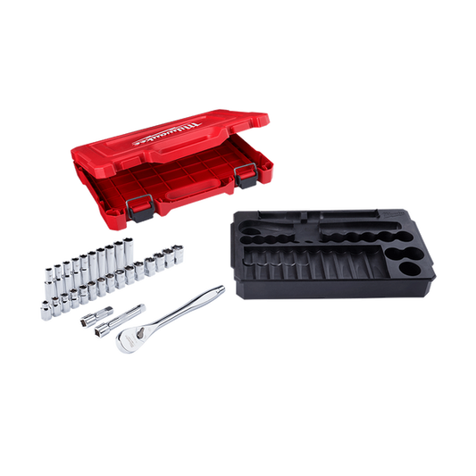 Milwaukee 1/2" Drive 28pc Ratchet & Socket Set Metric - 48229510 - Available at Power Tool Specialists, Carlton, Victoria, Australia.