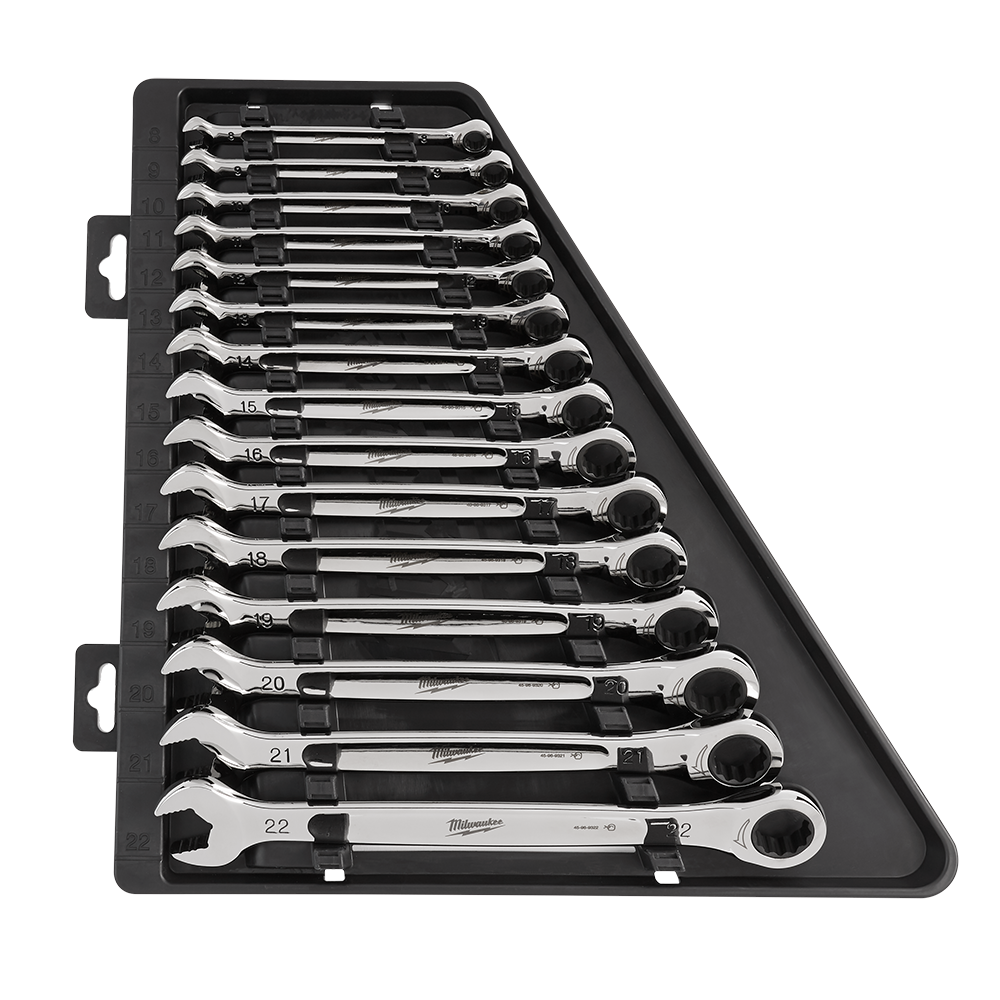 Milwaukee 15pc Ratcheting Combination Wrench Set – Metric - 48229516 - Available at Power Tool Specialists, Carlton, Victoria, Australia.