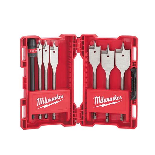 Milwaukee 7pc Timber Spade Bit Set (10mm, 13mm, 16mm, 19mm, 22mm, 25mm, 150mm Extension) - 48270147 - Available at Power Tool Specialists, Carlton, Victoria, Australia.