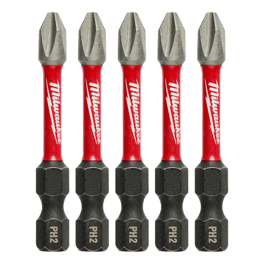Milwaukee SHOCKWAVE™ Power Bit Phillips #2 50mm (2") pkt 5  - 48324602 - Available at Power Tool Specialists, Carlton, Victoria, Australia.