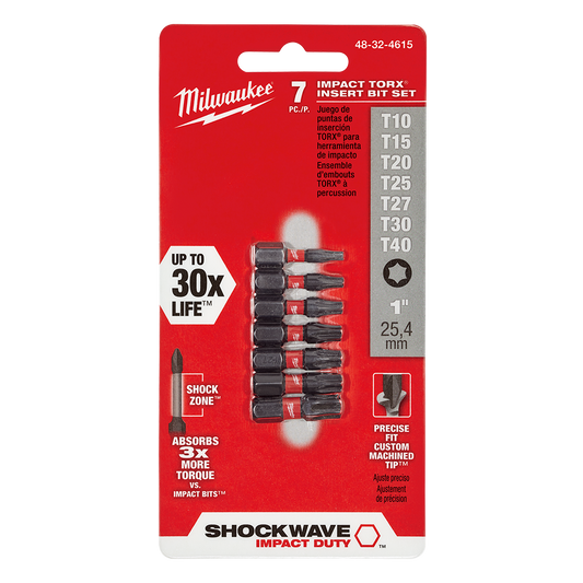 Milwaukee SHOCKWAVE™ Insert Bit Set 7 Pce
T10, T15, T20, T25, T27, T30, T40 - 48324615 - Available at Power Tool Specialists, Carlton, Victoria, Australia.