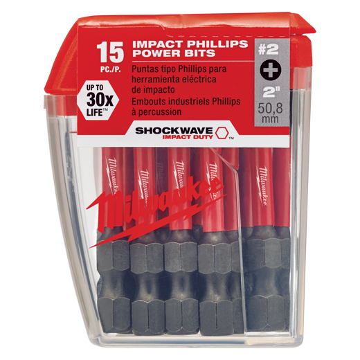 Milwaukee SHOCKWAVE™ Power Bit Phillips #2 50mm (2") Pkt 15 - 48325004 - Available at Power Tool Specialists, Carlton, Victoria, Australia.
