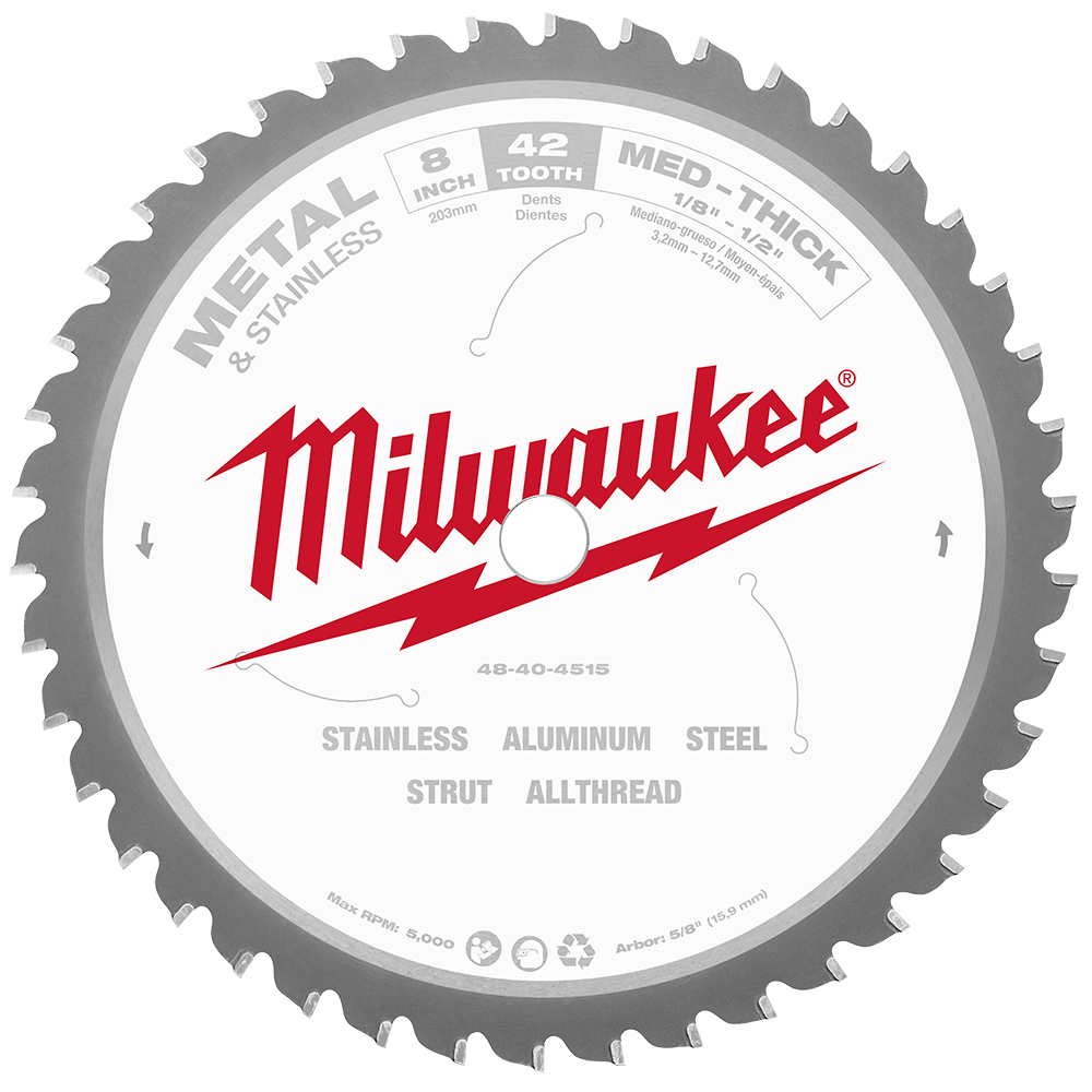Milwaukee 203mm (8") 42T Metal Med-Thick & Stainless Circular Saw Blade with Cermet Carbide Teeth (suits M18FMCS66-0) - 48404515 - Available at Power Tool Specialists, Carlton, Victoria, Australia.