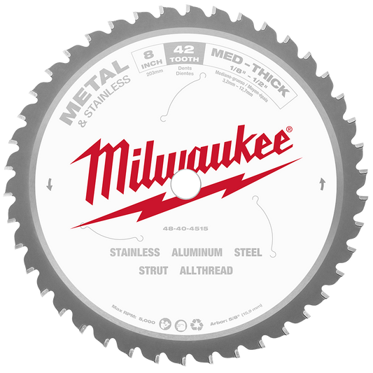 Milwaukee 203mm (8") 42T Metal Med-Thick & Stainless Circular Saw Blade with Cermet Carbide Teeth (suits M18FMCS66-0) - 48404515 - Available at Power Tool Specialists, Carlton, Victoria, Australia.