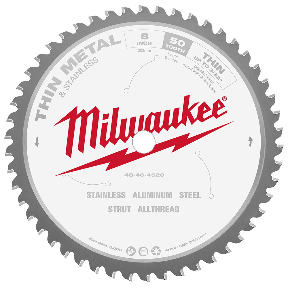 Milwaukee 203mm (8") 50T Thin Metal Circular Saw Blade with Cermet Carbide Teeth (suits M18FMCS66-0) - 48404520 - Available at Power Tool Specialists, Carlton, Victoria, Australia.