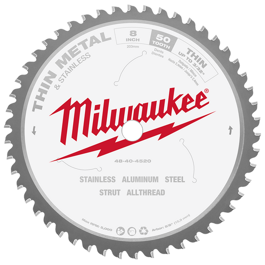 Milwaukee 203mm (8") 50T Thin Metal Circular Saw Blade with Cermet Carbide Teeth (suits M18FMCS66-0) - 48404520 - Available at Power Tool Specialists, Carlton, Victoria, Australia.