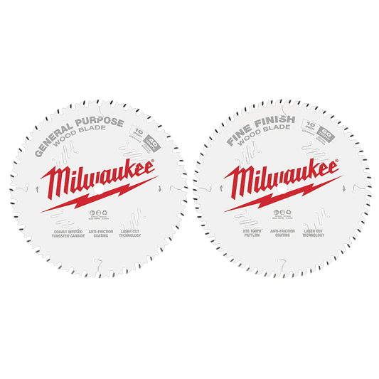 Milwaukee 10" 254mm 40T + 60T Two Pack Blades - 48408036 - Available at Power Tool Specialists, Carlton, Victoria, Australia.