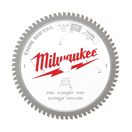 Milwaukee 184mm (7-1/4") 70T Thin Metal Circular Saw Blade - 48408240 - Available at Power Tool Specialists, Carlton, Victoria, Australia.
