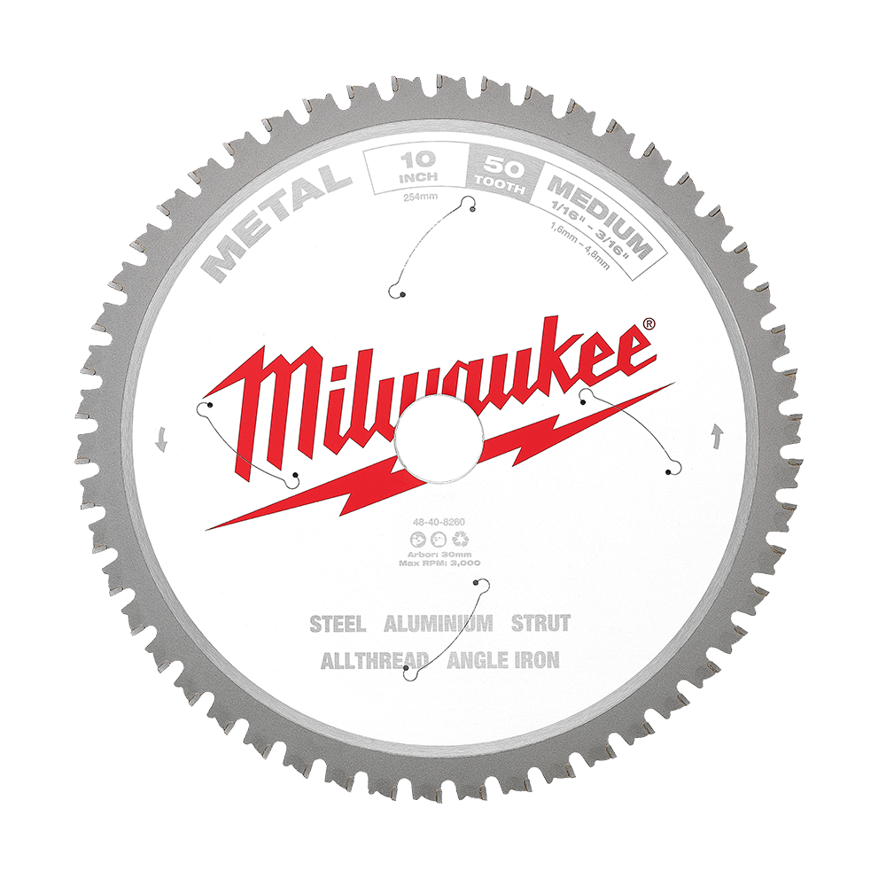 Milwaukee 254mm (10") 50T Metal Circular Saw Blade - 48408260 - Available at Power Tool Specialists, Carlton, Victoria, Australia.